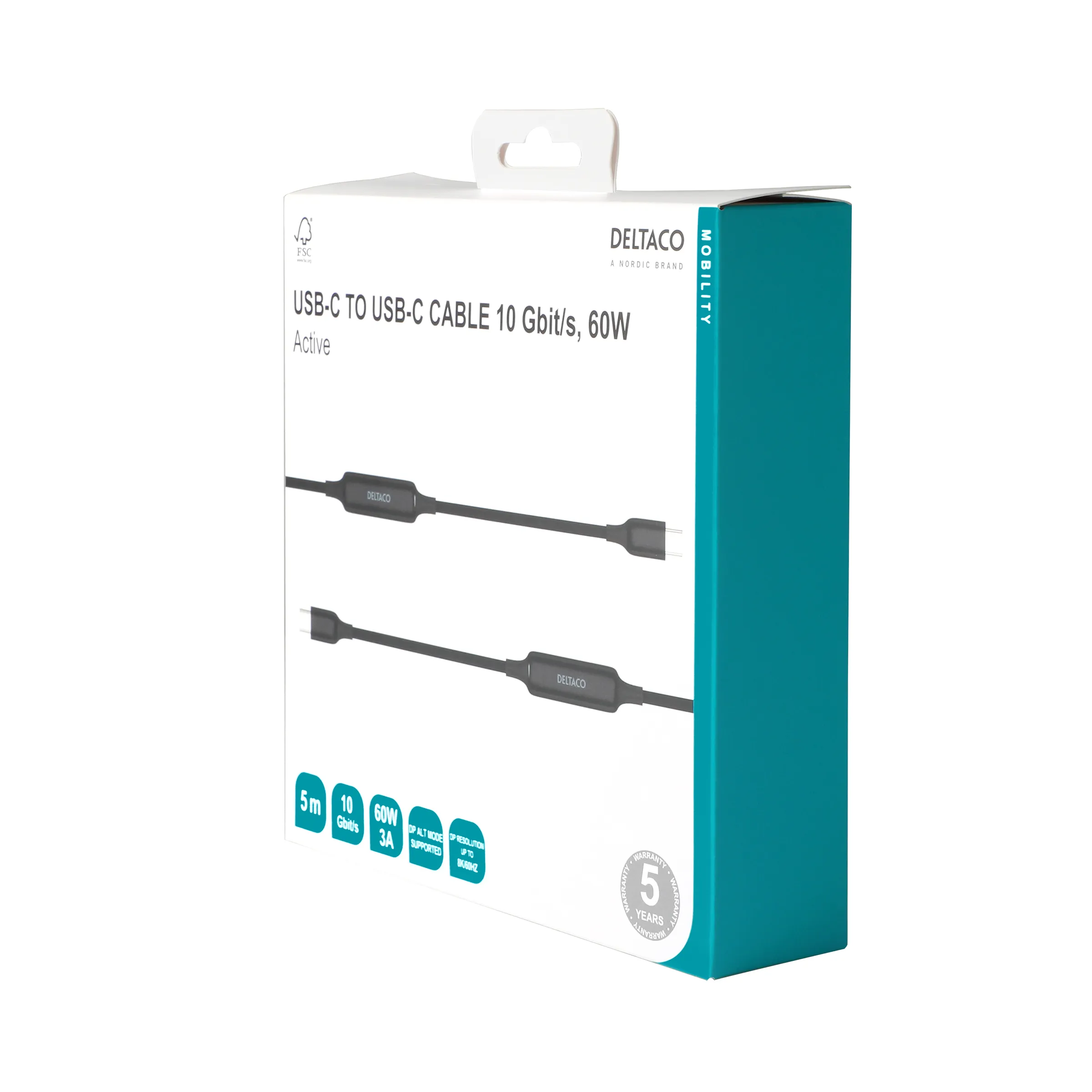 Deltaco USB-C - USB-C active cable, 10Gbps, 3A, 5m, black