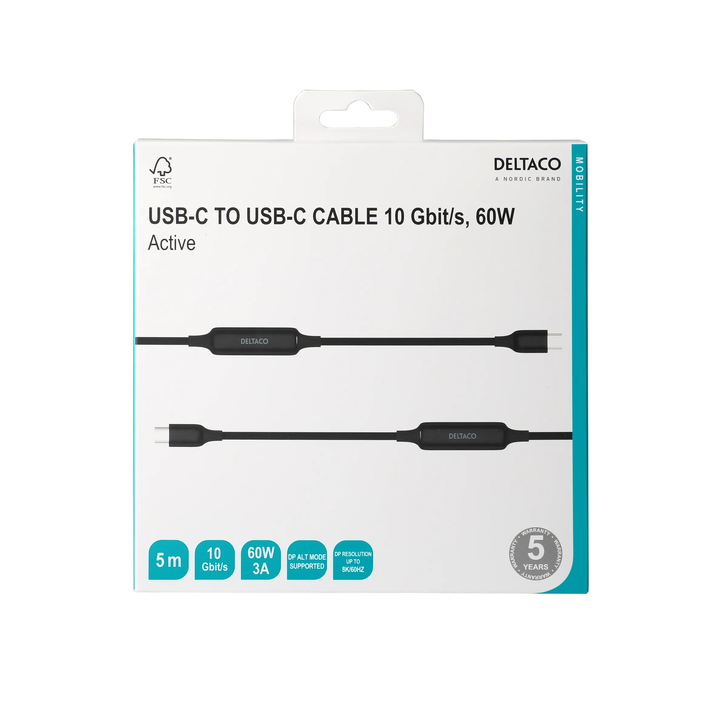 Deltaco USB-C - USB-C active cable, 10Gbps, 3A, 5m, black