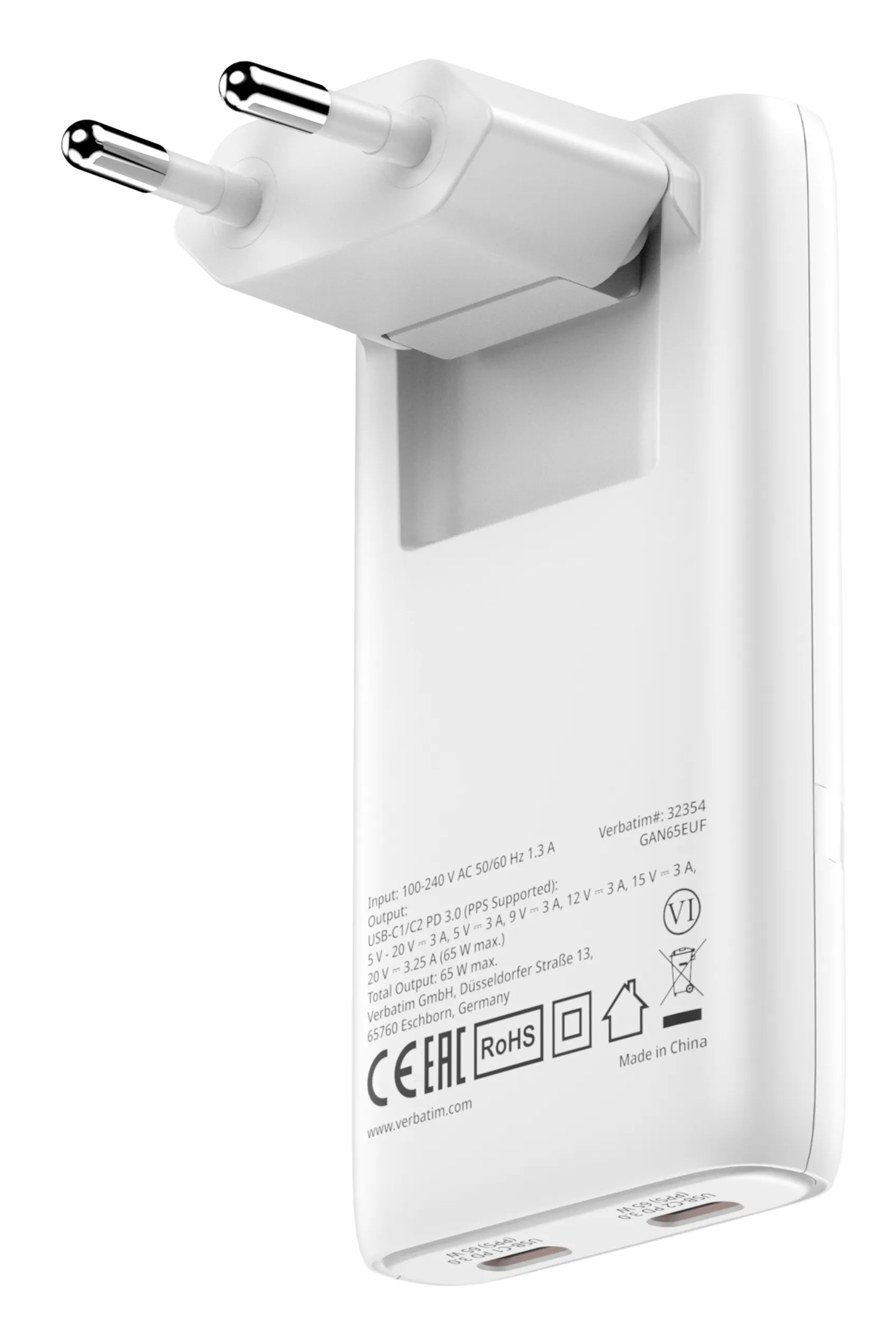 Verbatim Fold 'n' Go GaN 65 Watt - Str&ouml;madapter, Vit