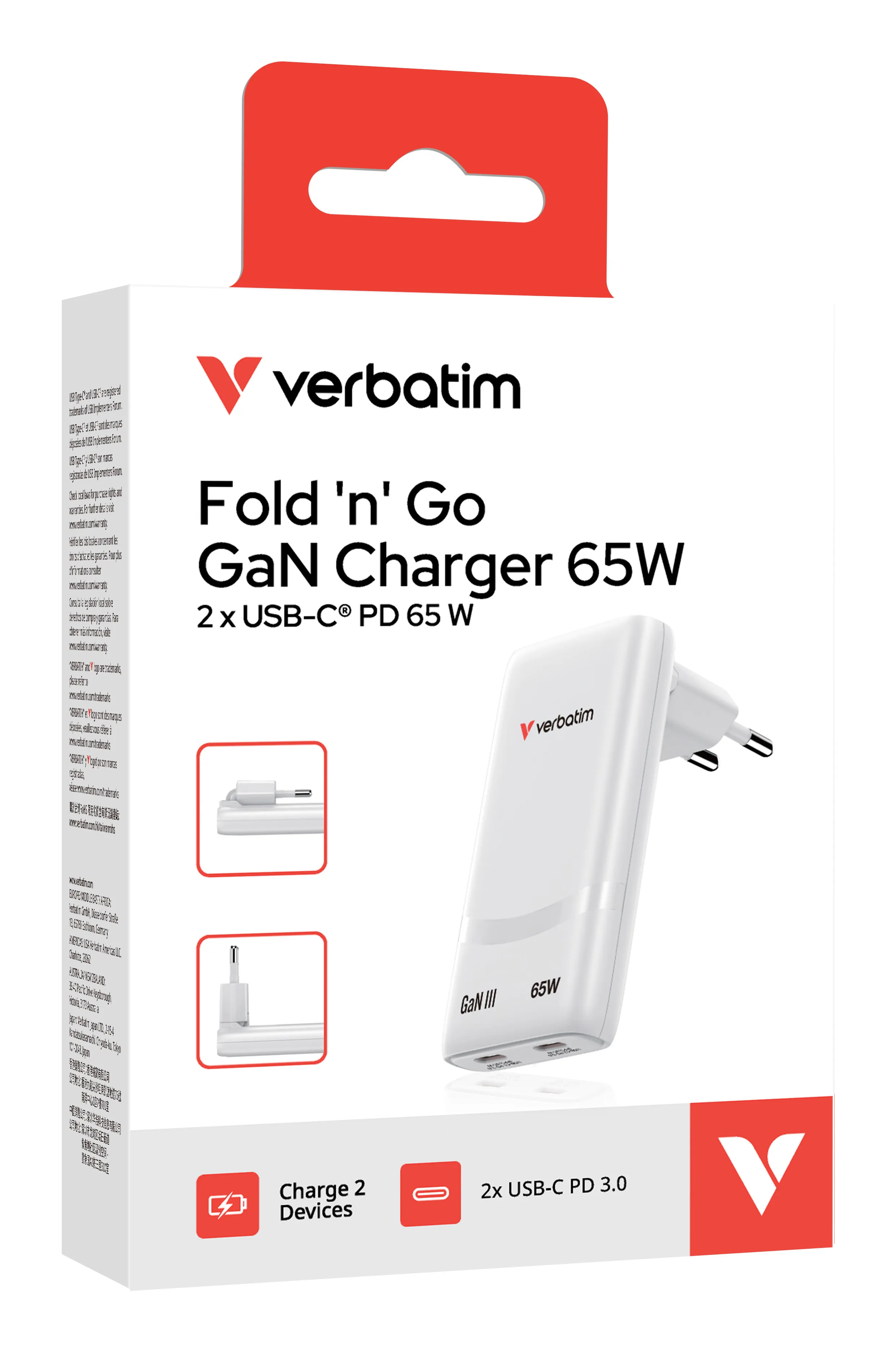 Verbatim Fold 'n' Go GaN 65 Watt - Str&ouml;madapter, Vit