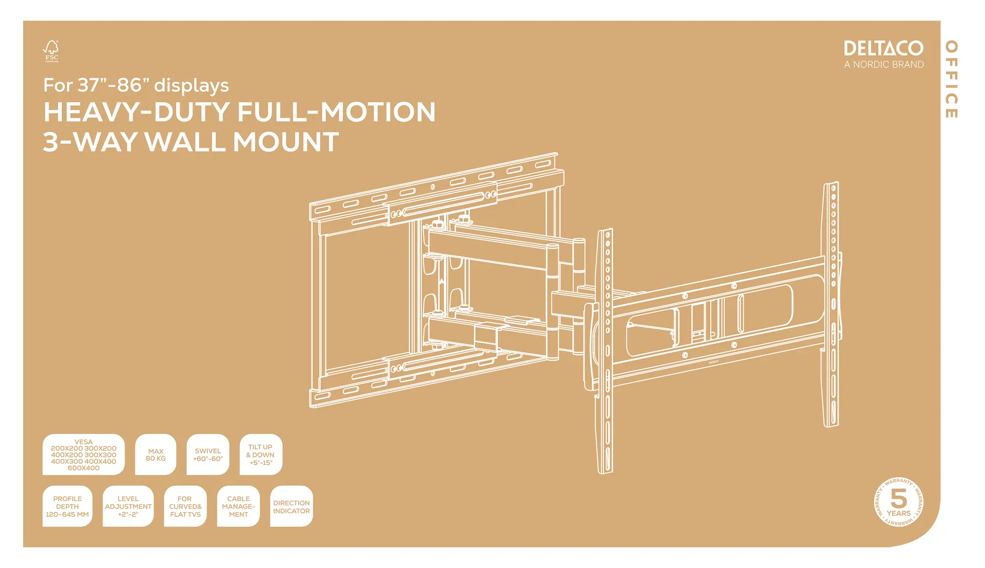DELTACO OFFICE ARM-0260-B TV-v&auml;ggf&auml;ste, 37-86", 80 kg, Svart