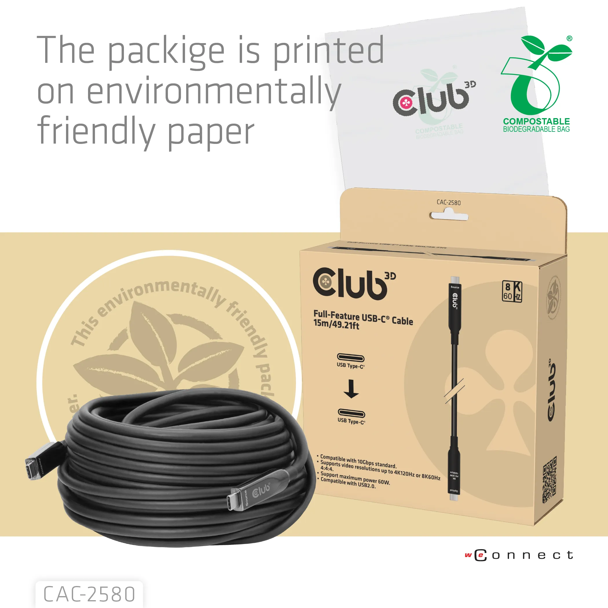 CLUB 3D CAC-2580 Active Optical USB-C -kaapeli, 60 W, 15 m, musta