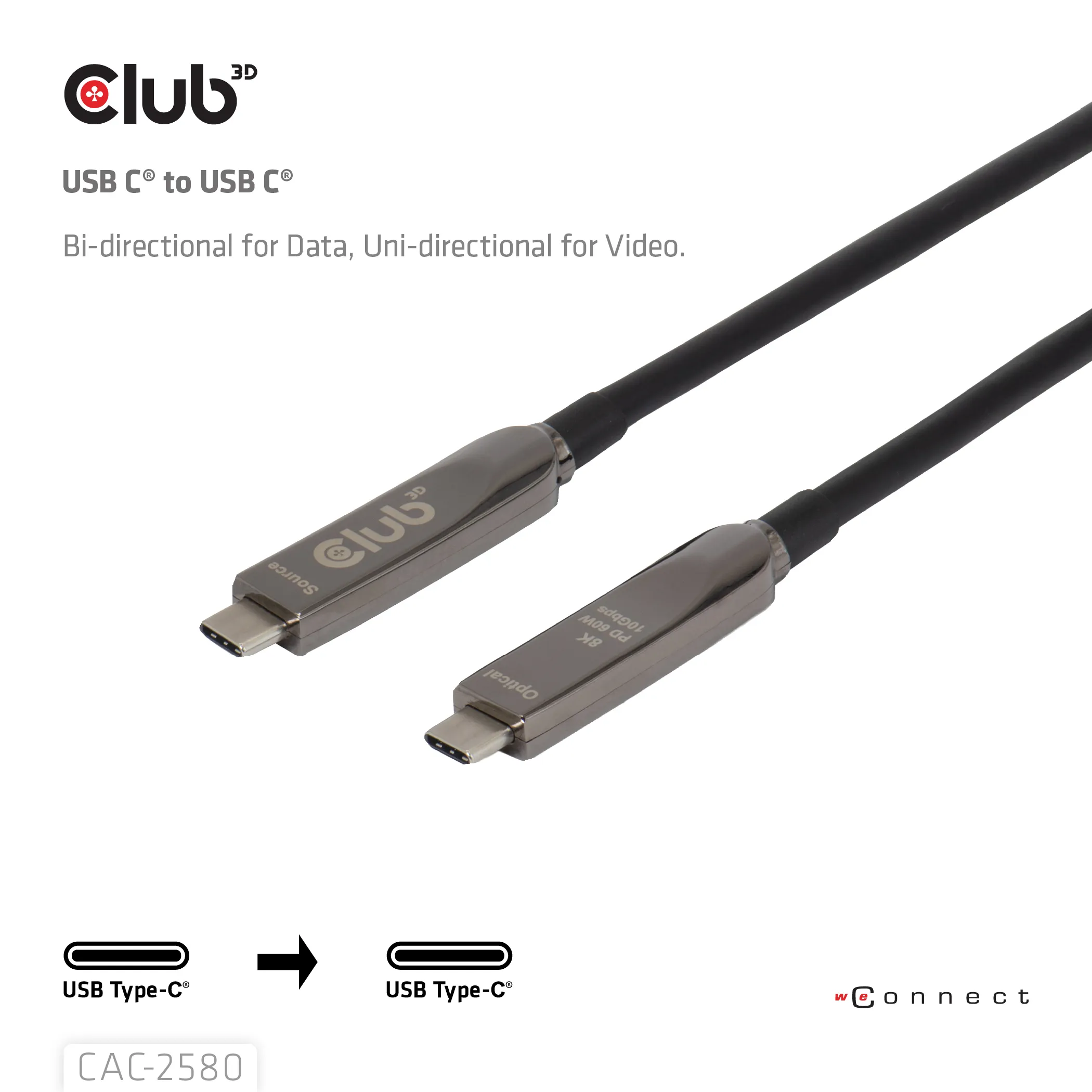 CLUB 3D CAC-2580 Active Optical USB-C -kaapeli, 60 W, 15 m, musta