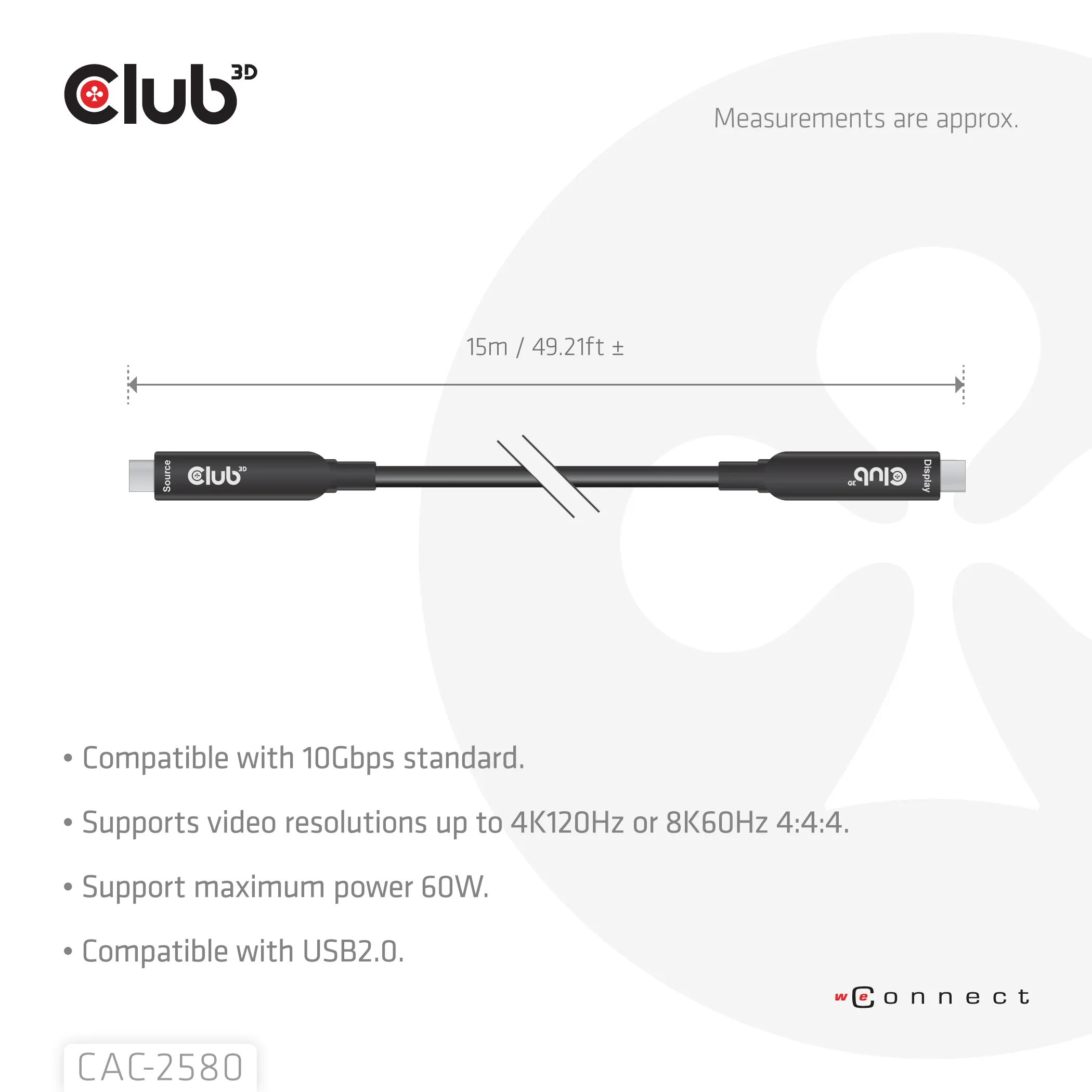 CLUB 3D CAC-2580 Active Optical USB-C -kaapeli, 60 W, 15 m, musta