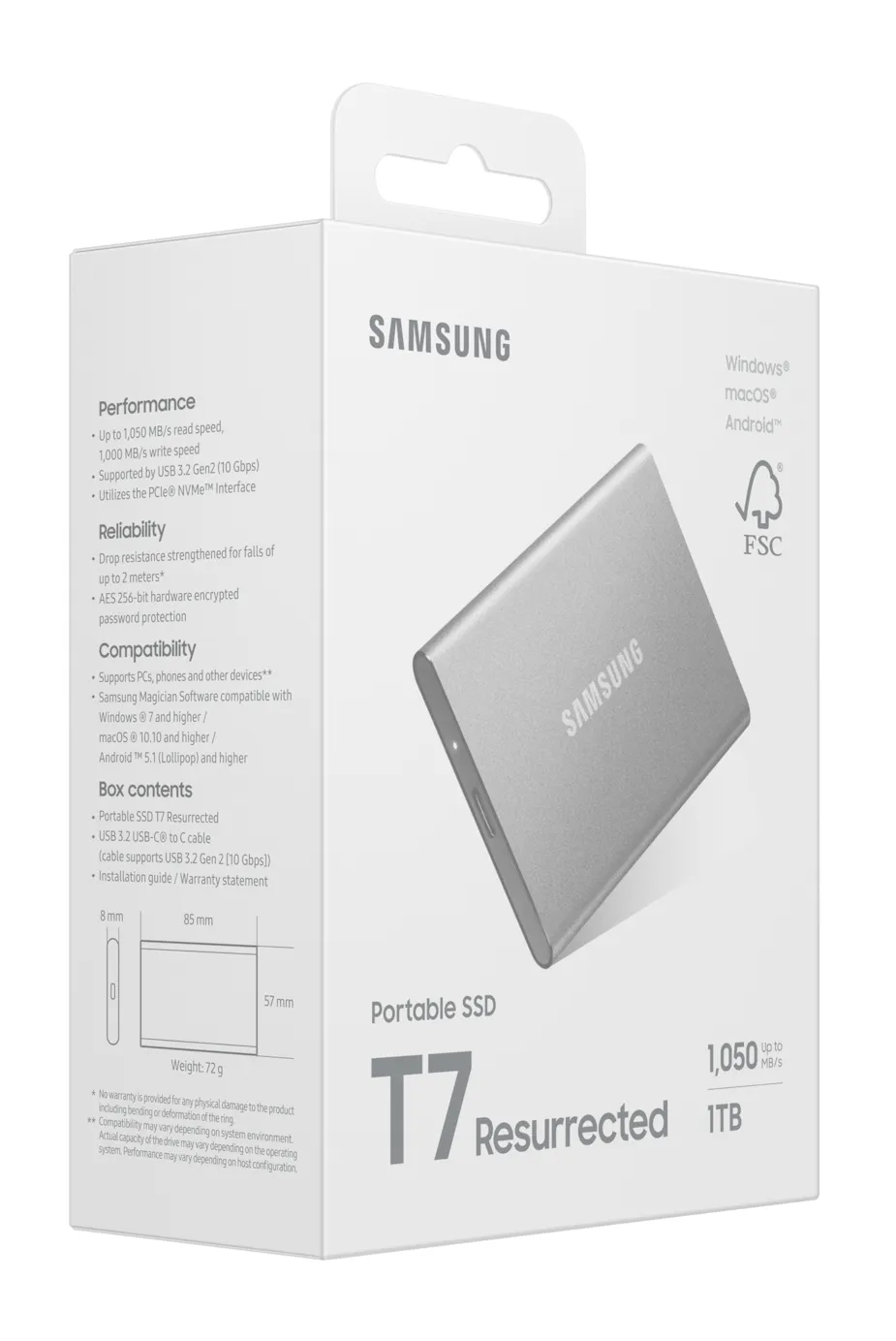 Samsung 1TB External SSD with USB 3.2 Gen 2 (USB-C), Portable, Shock Resistant, Hardware Encryption, Password Protection, Silver