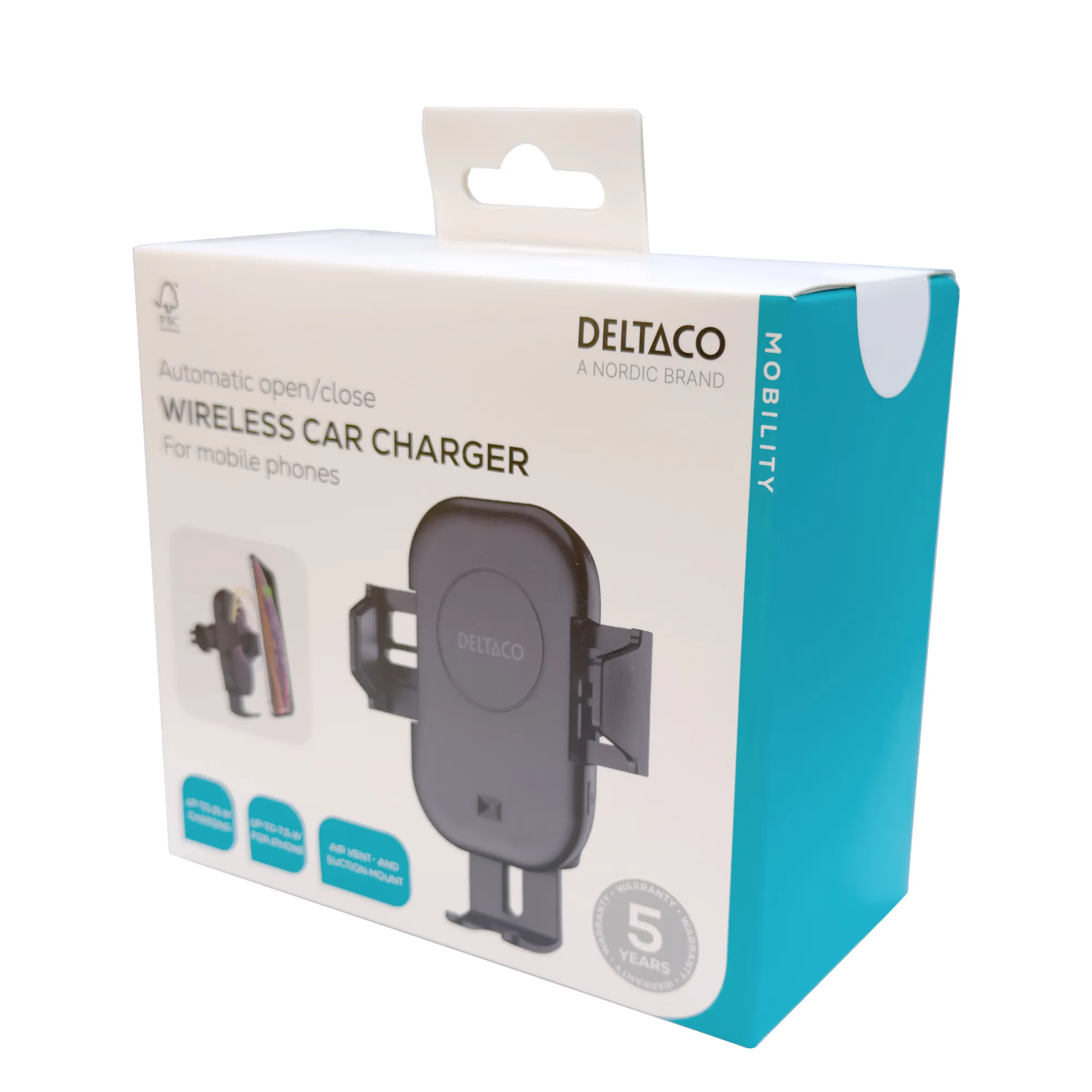 DELTACO QI-C1001, 15 W - tr&aring;dl&ouml;s billaddare, 1 m
