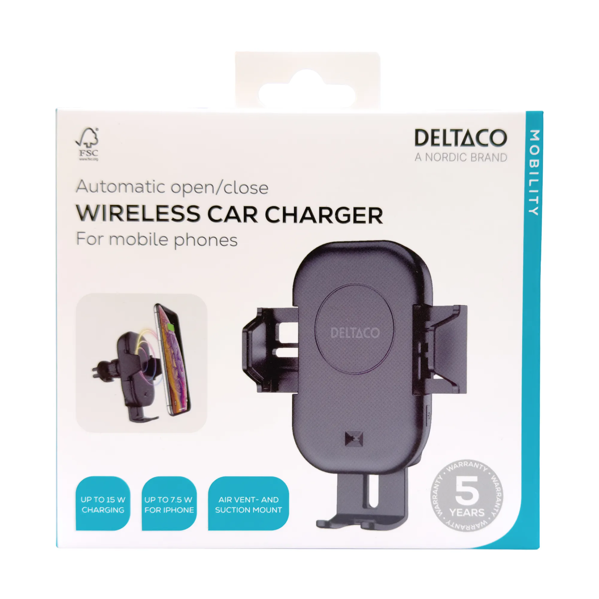 DELTACO QI-C1001, 15 W - tr&aring;dl&ouml;s billaddare, 1 m