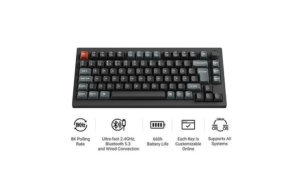 Keychron V1 Ultra 8K 75% -langaton mekaaninen pelin&auml;pp&auml;imist&ouml;, POM Brown, musta