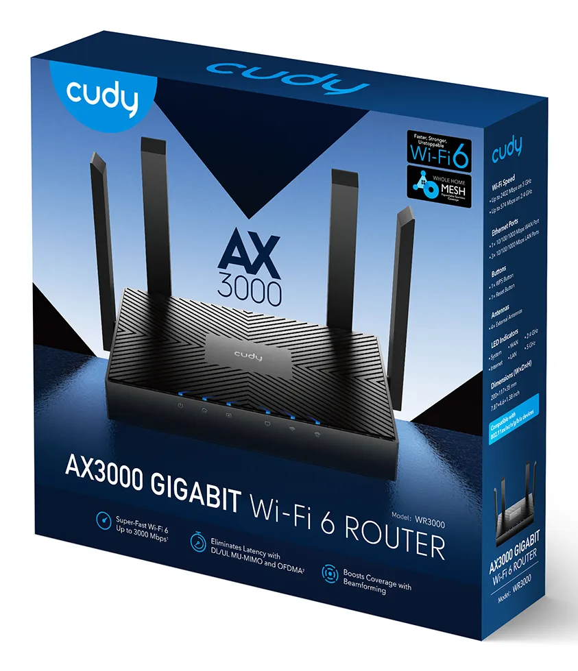 Cudy WR3000 -reititin, Wi-Fi 6, AX3000, Dual-band, musta