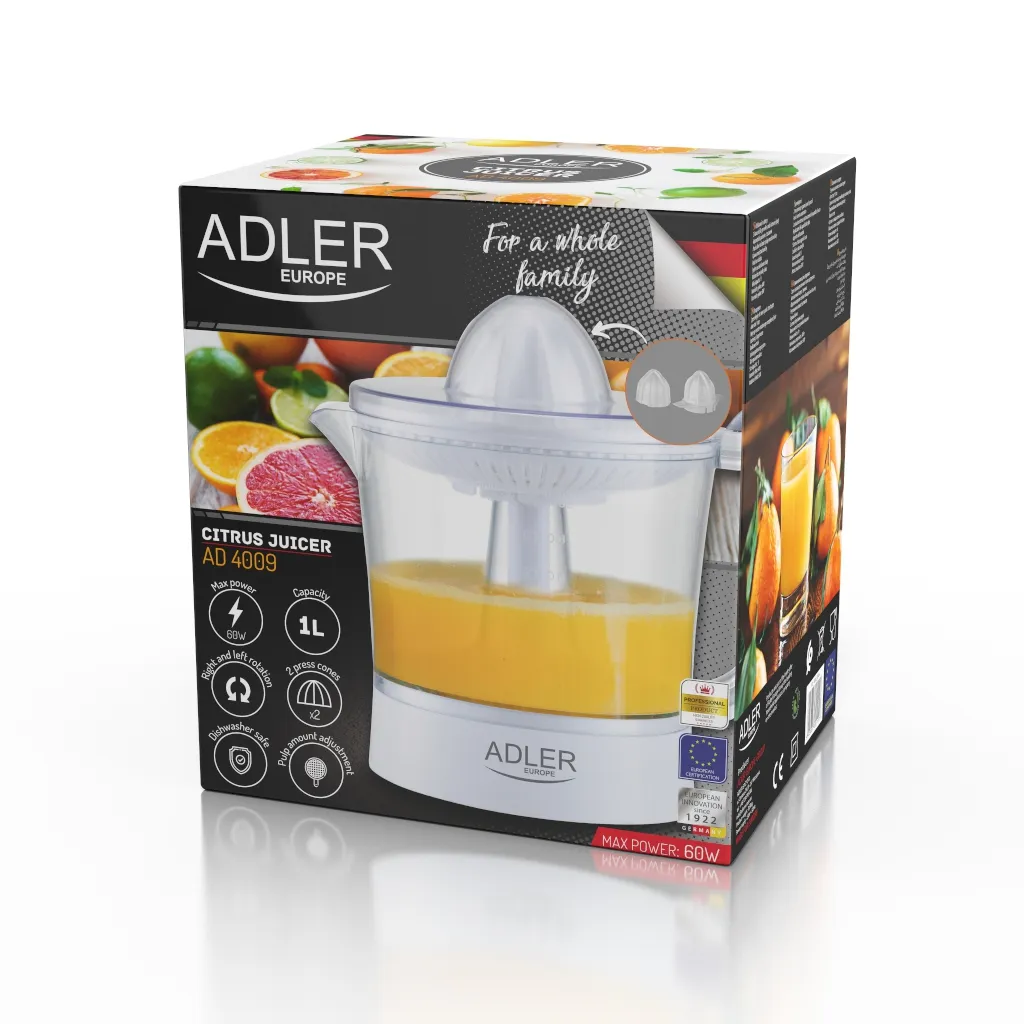 Adler AD 4009 -sitrushedelm&auml;puristin, 60 W, 1 l, valkoinen