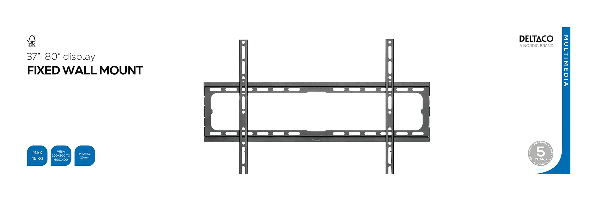 DELTACO ARM-523-B Fixed TV Wall Mount, 37&ndash;80", 45 kg, black