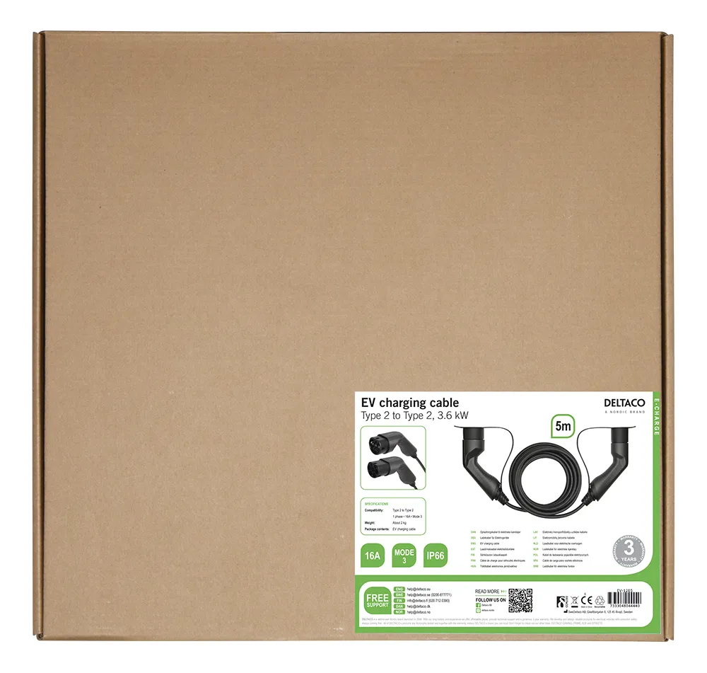 DELTACO e-Charge, cable type 2 - type 2, 1 phase, 16A, 5M - electric car charging cable
