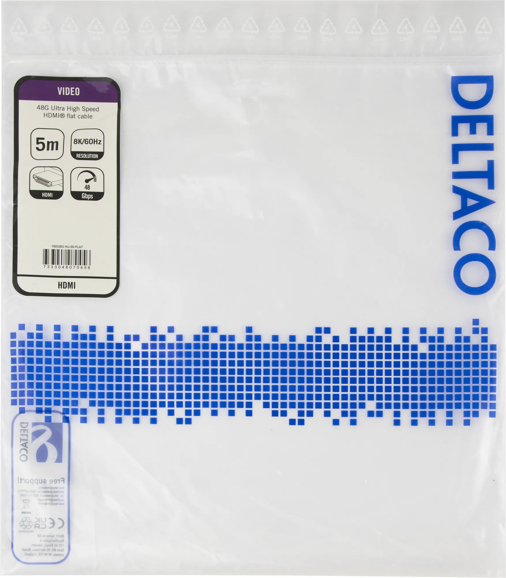 Deltaco HDMI 2.1 Flat - kabel, Svart, 5m