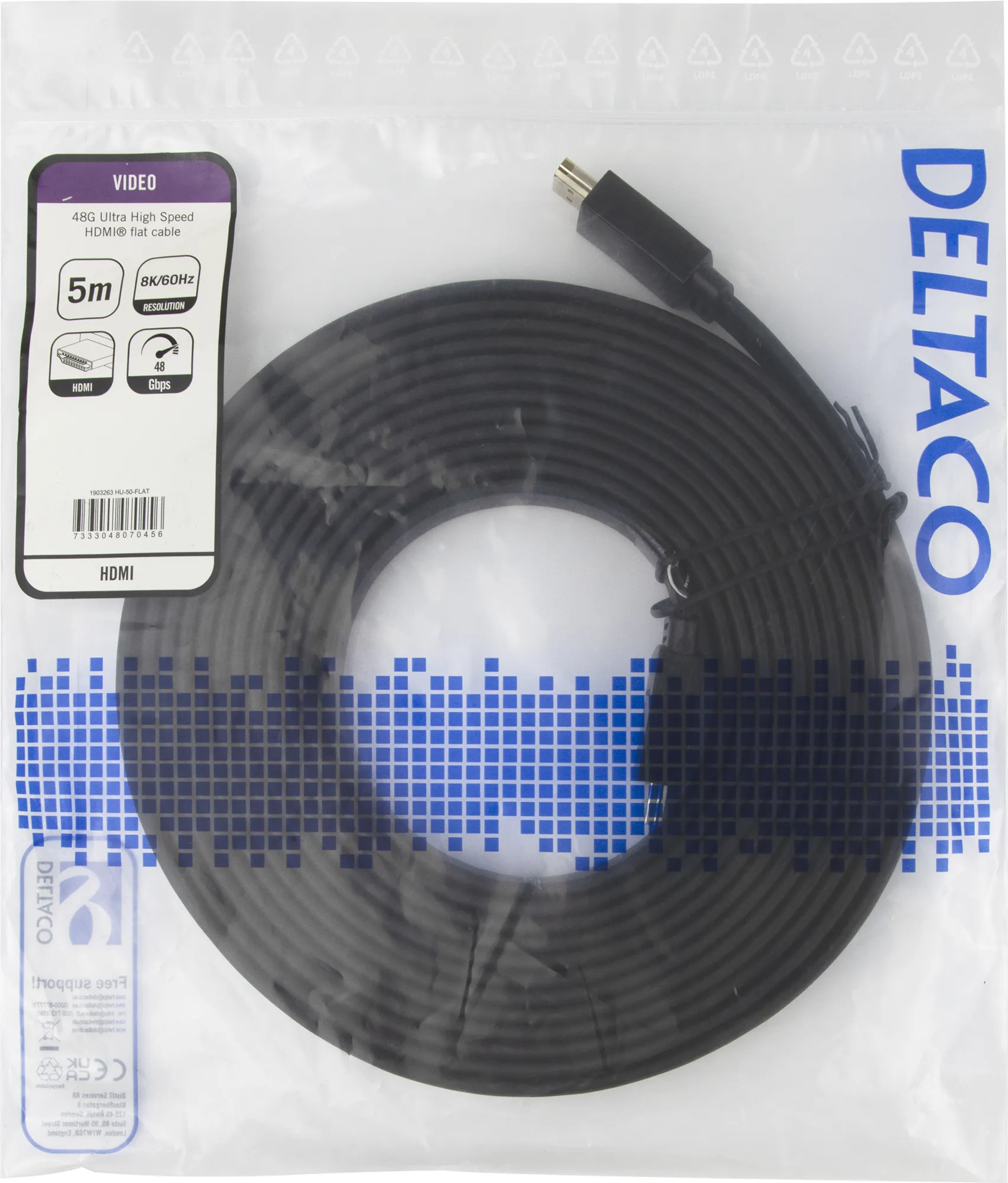 Deltaco HDMI 2.1 Flat - kabel, Svart, 5m