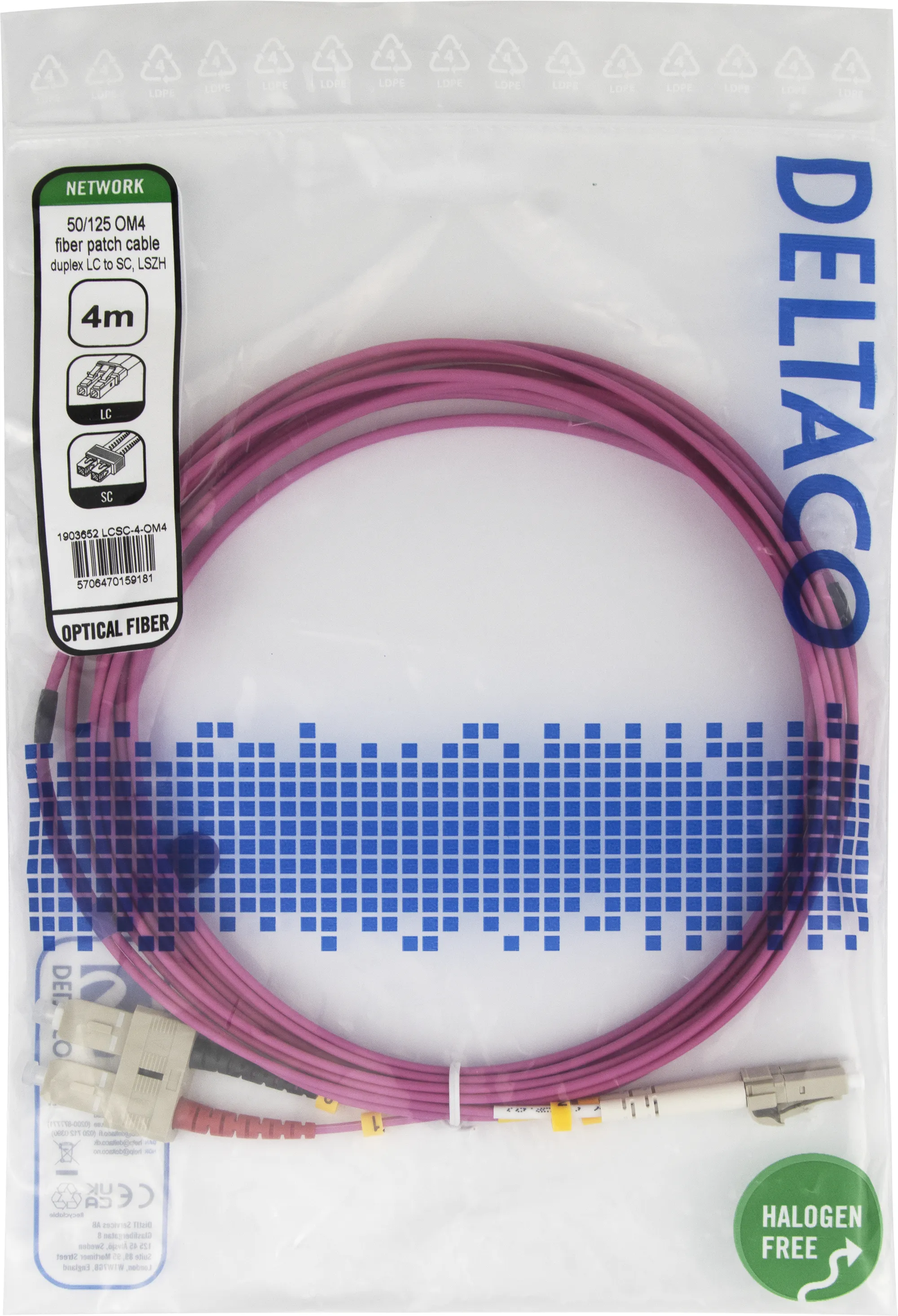 Deltaco OM4 LSZH LC-SC 4m Fiber Optic Cable, Pink