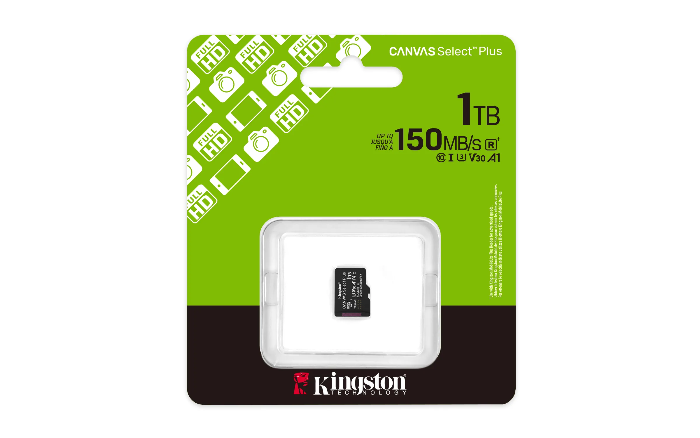 Kingston Canvas Select Plus 1TB MicroSDXC Class 10 UHS-I U3 V30 A1 card, Black