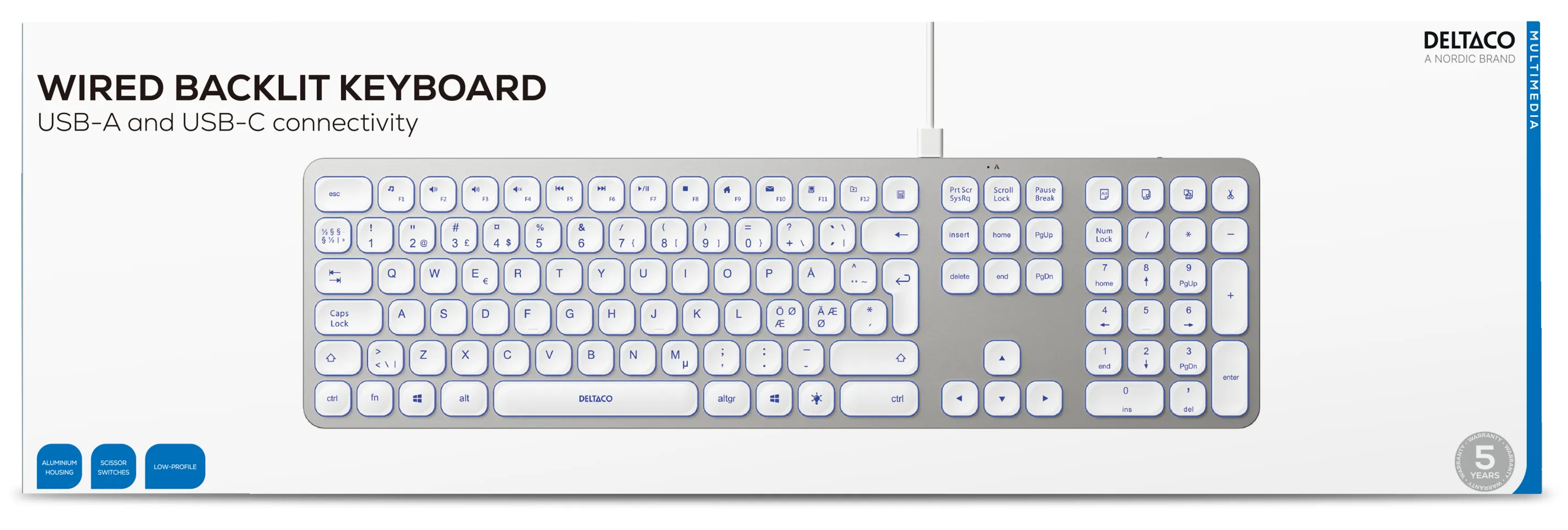 Deltaco Low-Profile Aluminium USB-A / USB-C - keyboard, White