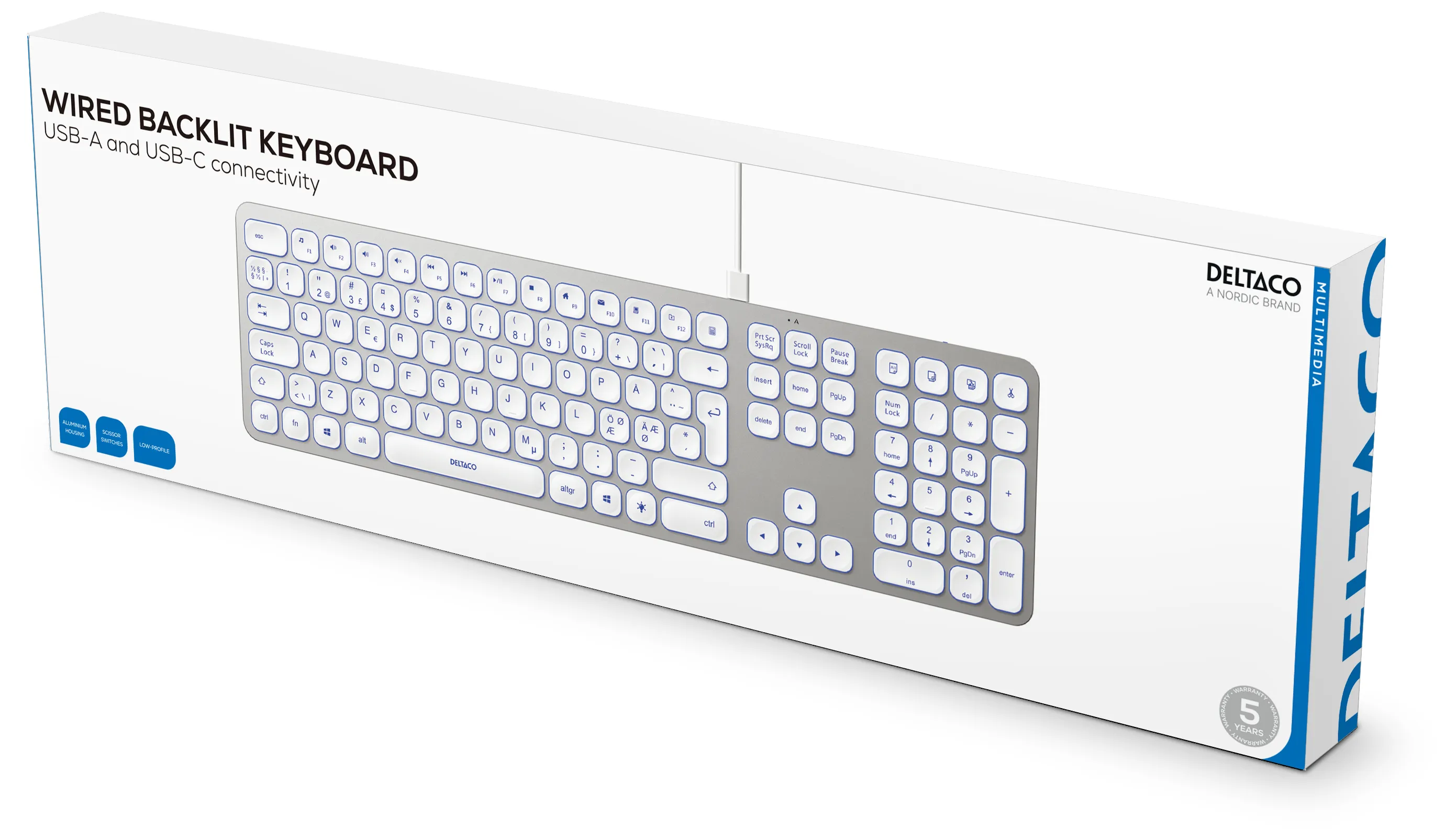 Deltaco Low-Profile Aluminium USB-A / USB-C - keyboard, White