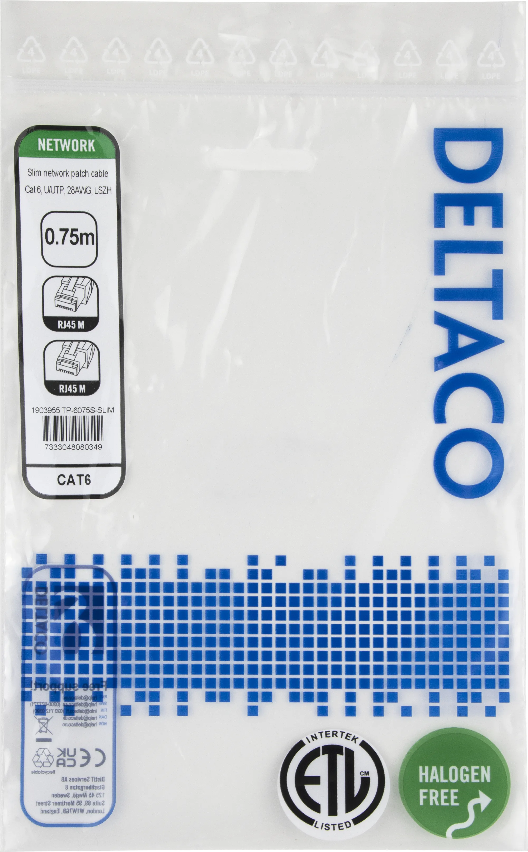 Deltaco Cat6 UTP RJ45 0.75m -verkkokaapeli, musta