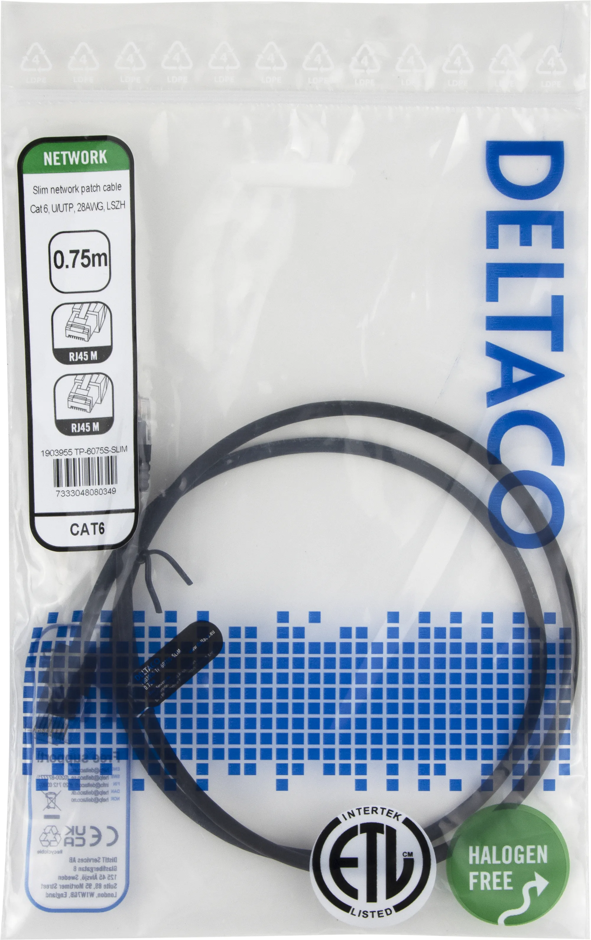 Deltaco Cat6 UTP RJ45 0.75m -verkkokaapeli, musta