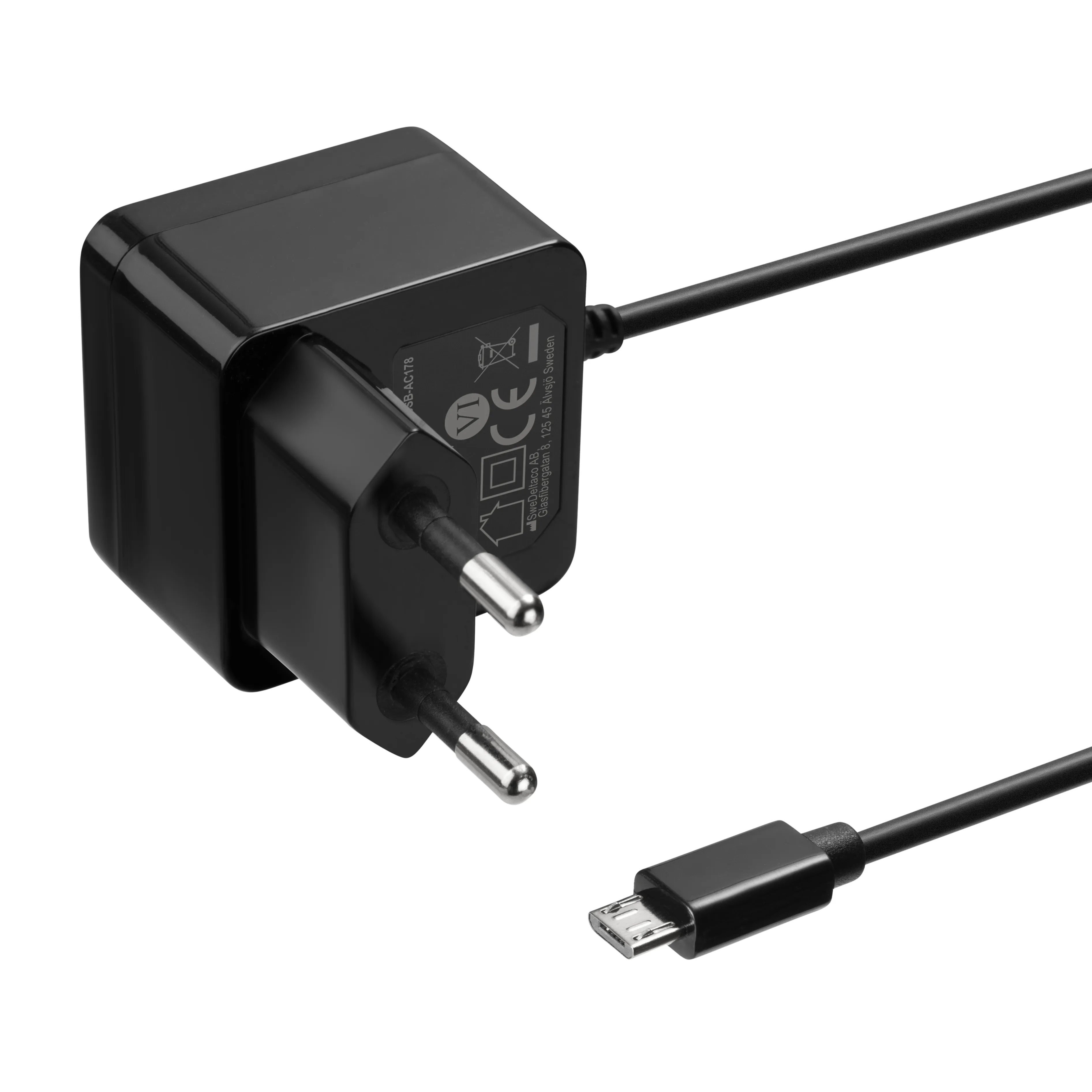 DELTACO Micro USB wall charger, 2,4 A, 1 m fixed cable, 12 W total