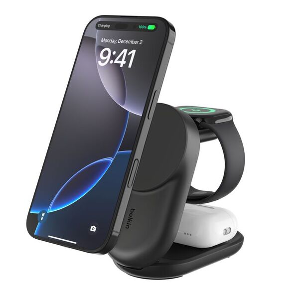 Belkin UltraCharge 3-in-1 Foldable Magnetic 25W Qi2 - trådlös laddare, Svart