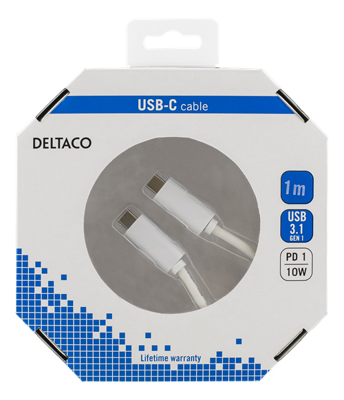 DELTACO USB 3.1 -kaapeli, Gen 1, Type C - Type C, 1m, valkoinen