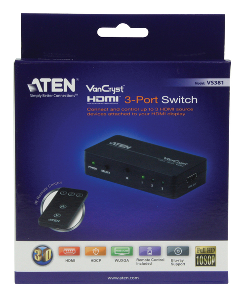ATEN HDMI-Switch tre in en ut,HDCP, 3D, 1080p, IR, fj&auml;rr, svart