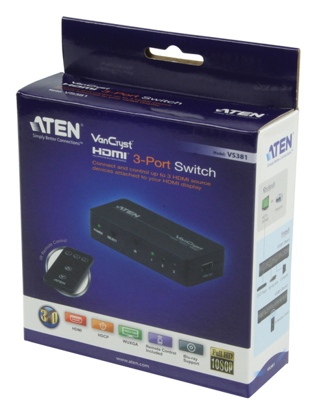 ATEN HDMI-Switch tre in en ut,HDCP, 3D, 1080p, IR, fj&auml;rr, svart
