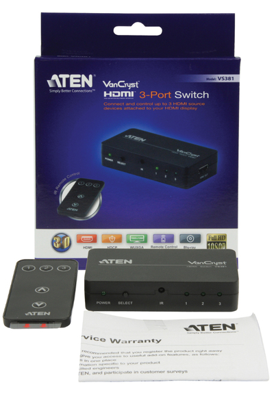 ATEN HDMI-Switch tre in en ut,HDCP, 3D, 1080p, IR, fj&auml;rr, svart