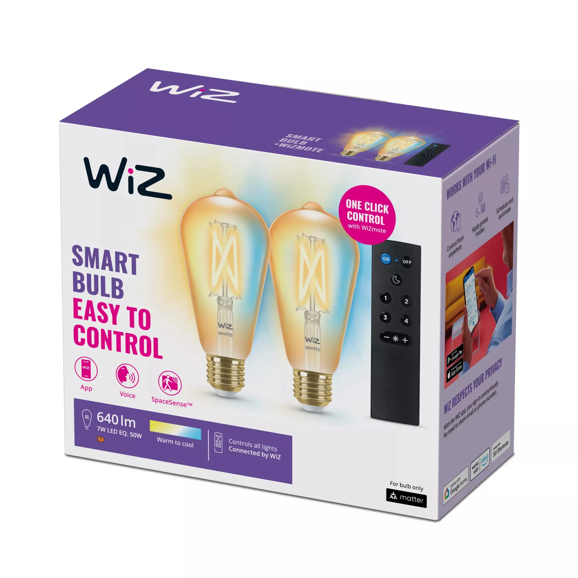 WiZ tunable white Filament E27 - bulbs, 2pcs + WiZmote remote controller