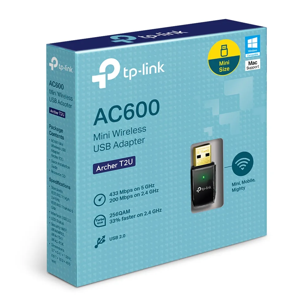 TP-Link AC600 Dual Band Wireless USB Adapter MTK 1T1R 433Mbps at 5Ghz + 150Mbps at 2.4Ghz 802.11ac/a/b/g/n USB 2.0