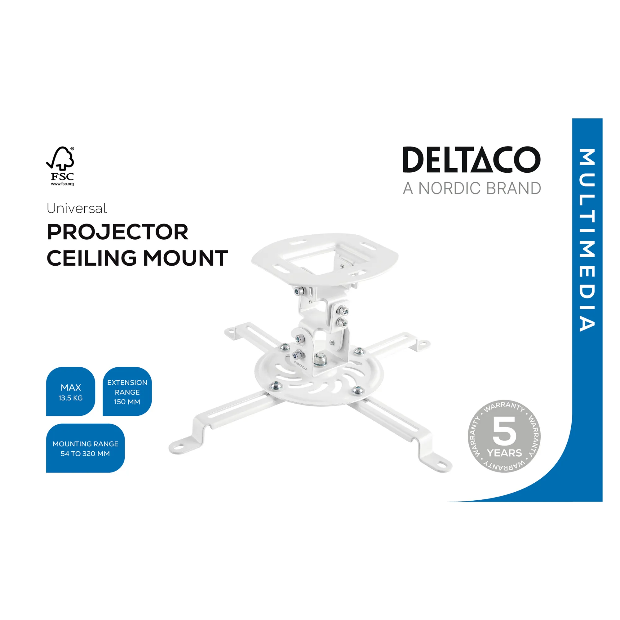 DELTACO ARM-405-B Takf&auml;ste f&ouml;r projektor, 13,5 kg, Matt vit