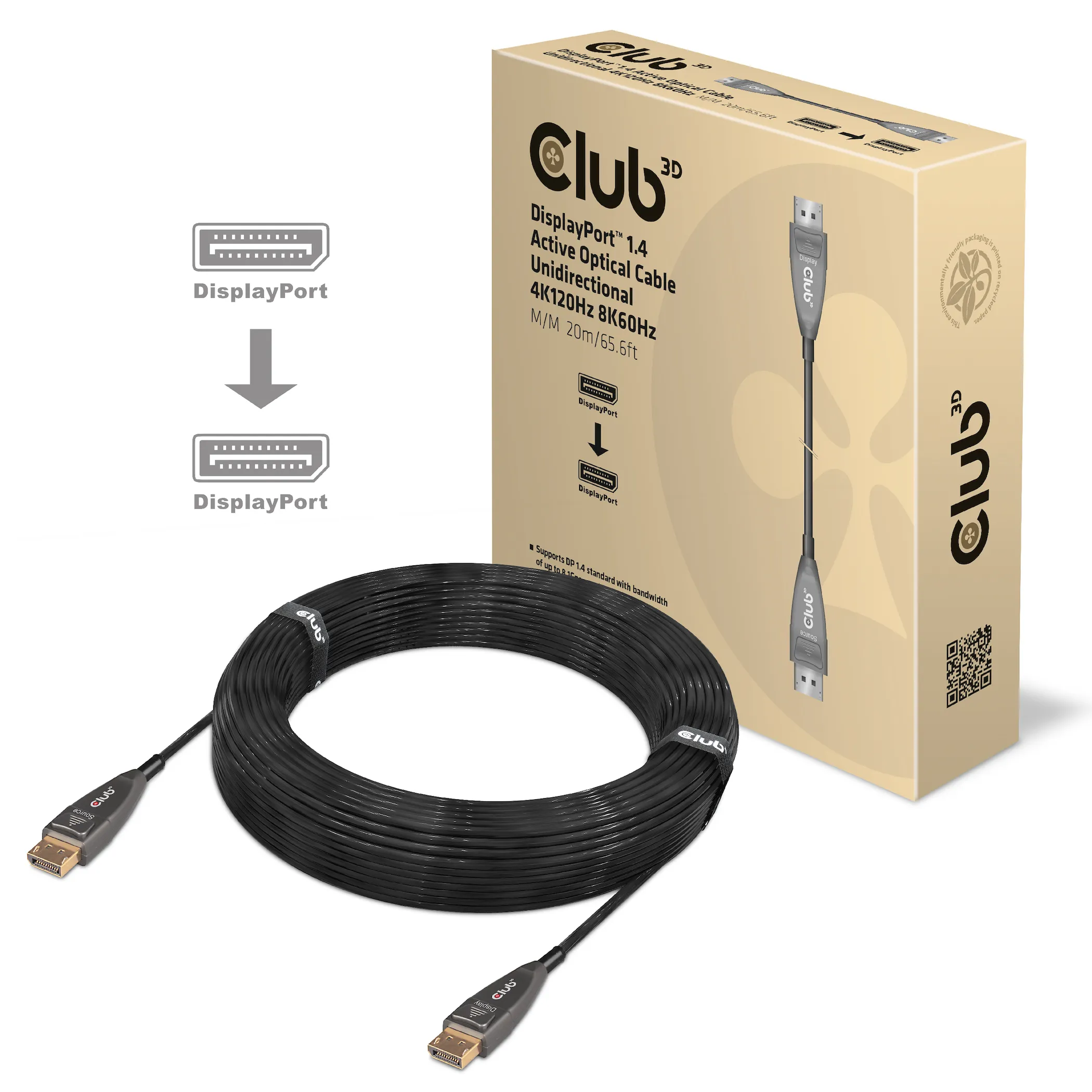 Club 3D DisplayPort 1.4, active, optical, unidirectional, HBR3 - cable, Black, 20m