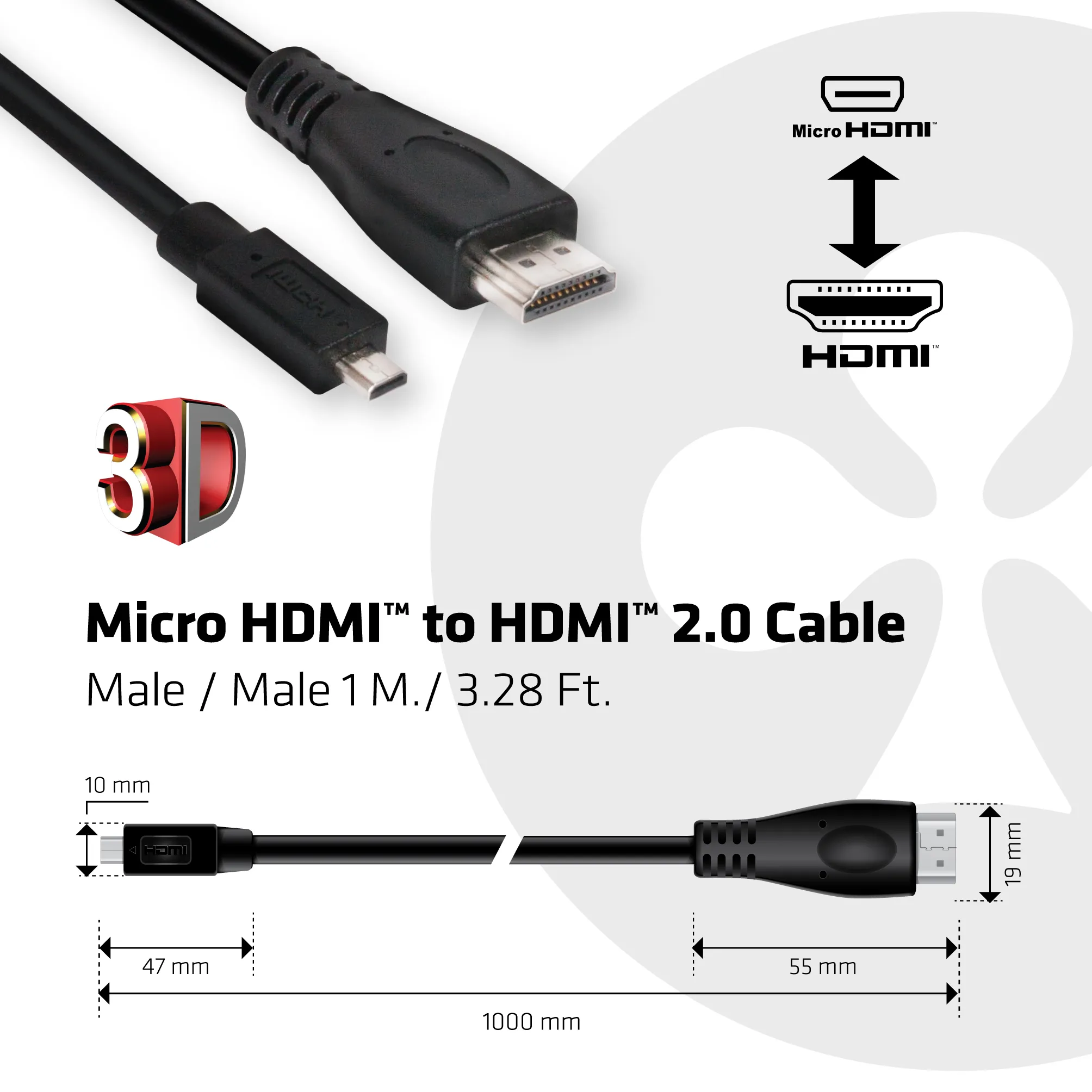 Club 3D  micro-HDMI – HDMI 2.0 - kabel, 1 m, Svart