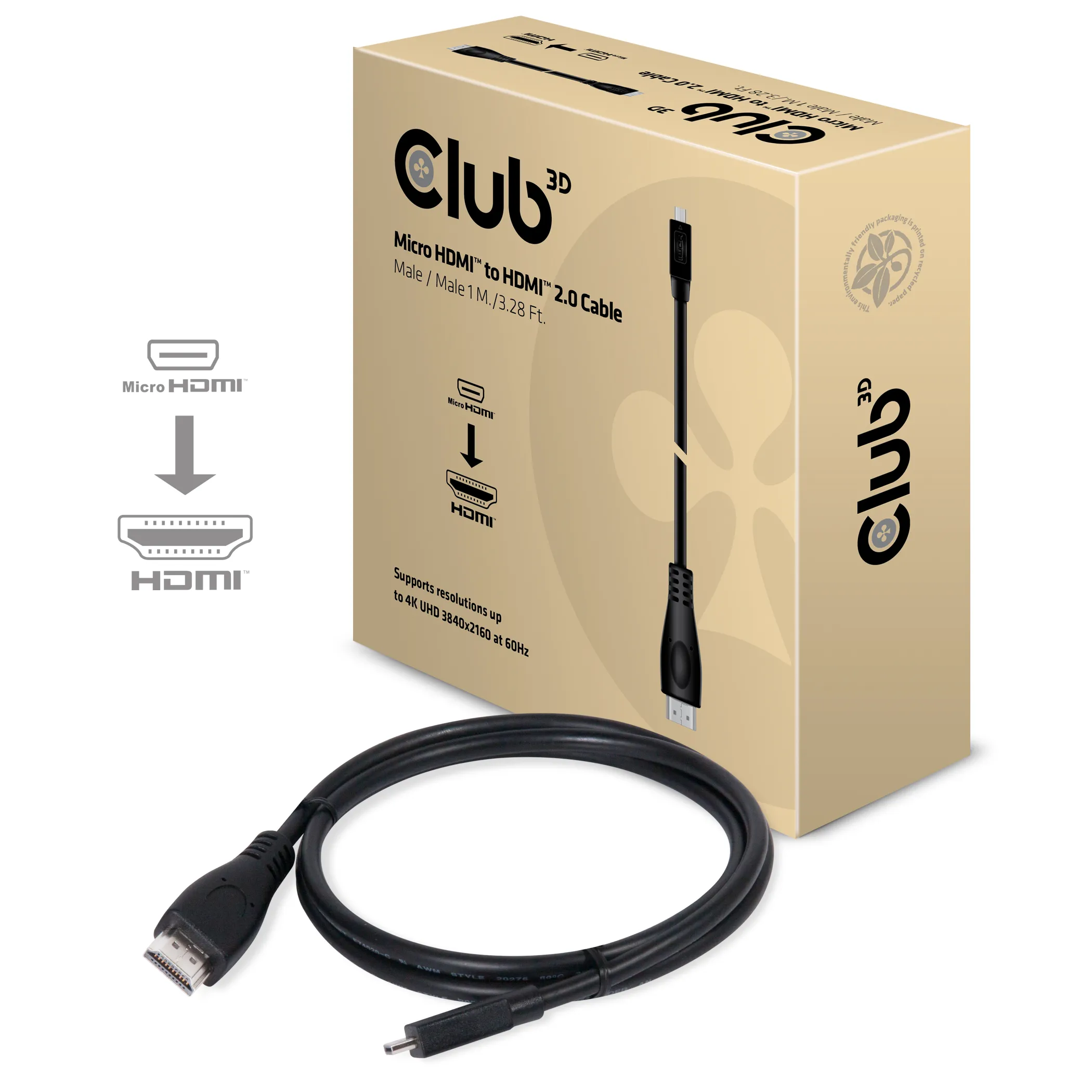 Club 3D  micro-HDMI – HDMI 2.0 - kabel, 1 m, Svart
