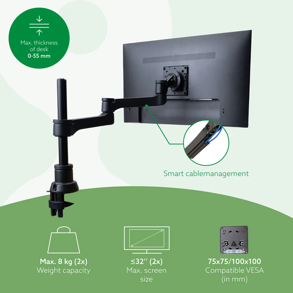 R-Go Zepher 4 C2, Circular Dual Monitor Arm, Desk Mount, Adjustable, 0-8 kg, Black-Silver, Low Carbon Footprint