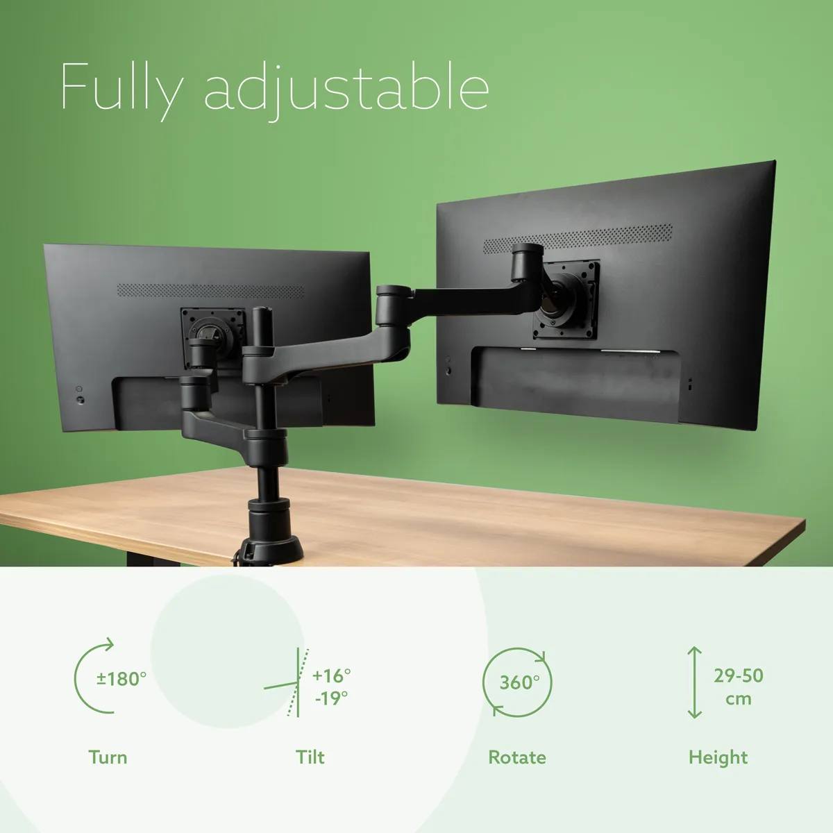 R-Go Zepher 4 C2, Circular Dual Monitor Arm, Desk Mount, Adjustable, 0-8 kg, Black-Silver, Low Carbon Footprint