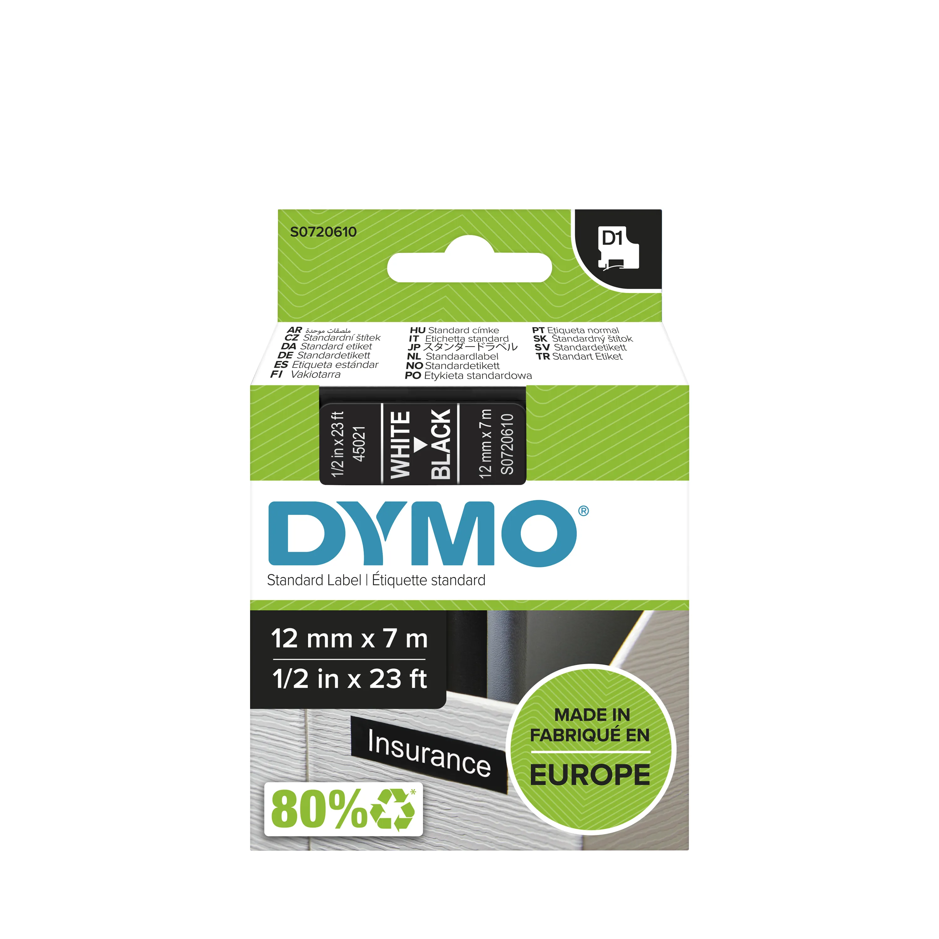 Tape D1 12mmx7m white/black