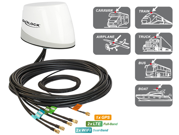 Delock monikaista antenni GNSS LTE-MIMO, WLAN MIMO 5x RP-SMA