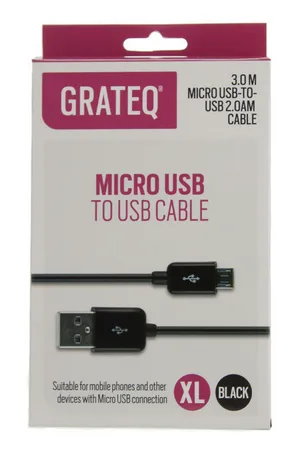 Grateq USB-A - Micro-USB B - cable, 3m, Black