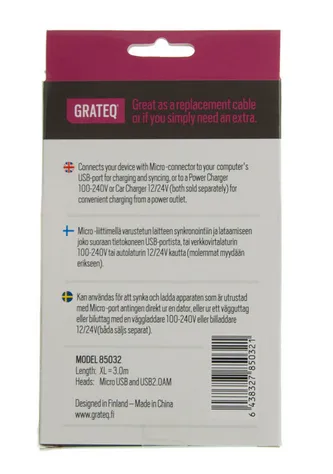 Grateq USB-A - Micro-USB B - cable, 3m, Black