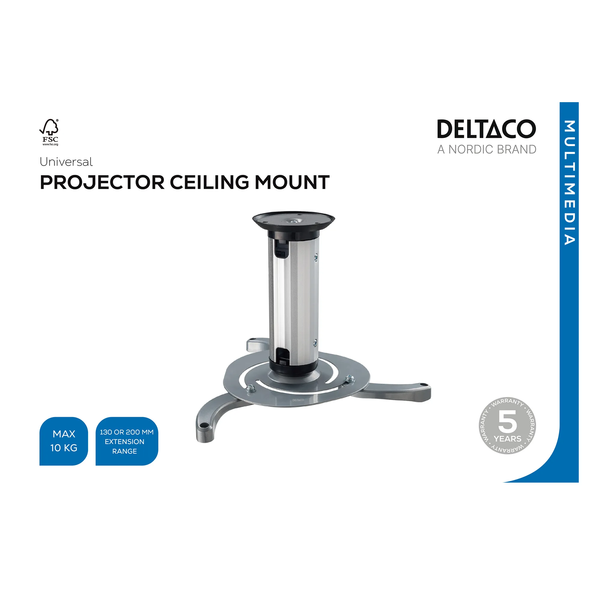 DELTACO kattokiinnike projektorille, 80-170mm korkeus, max 10kg