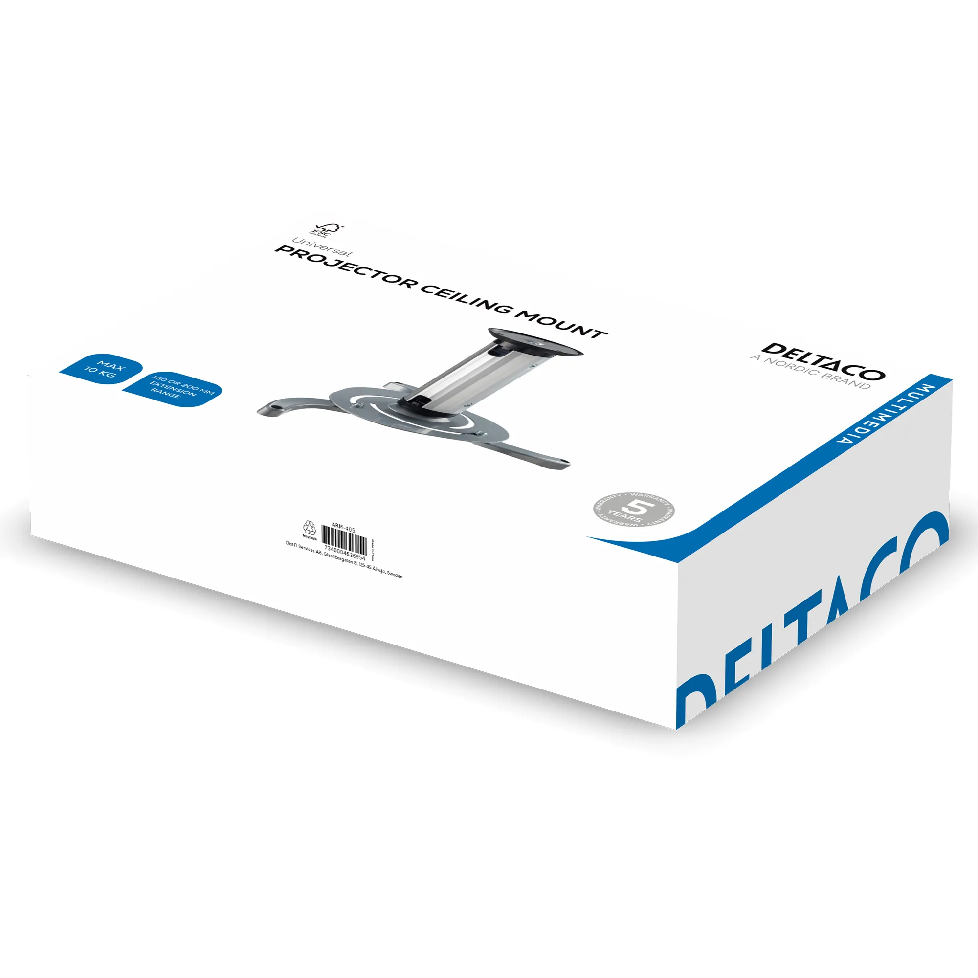 DELTACO kattokiinnike projektorille, 80-170mm korkeus, max 10kg