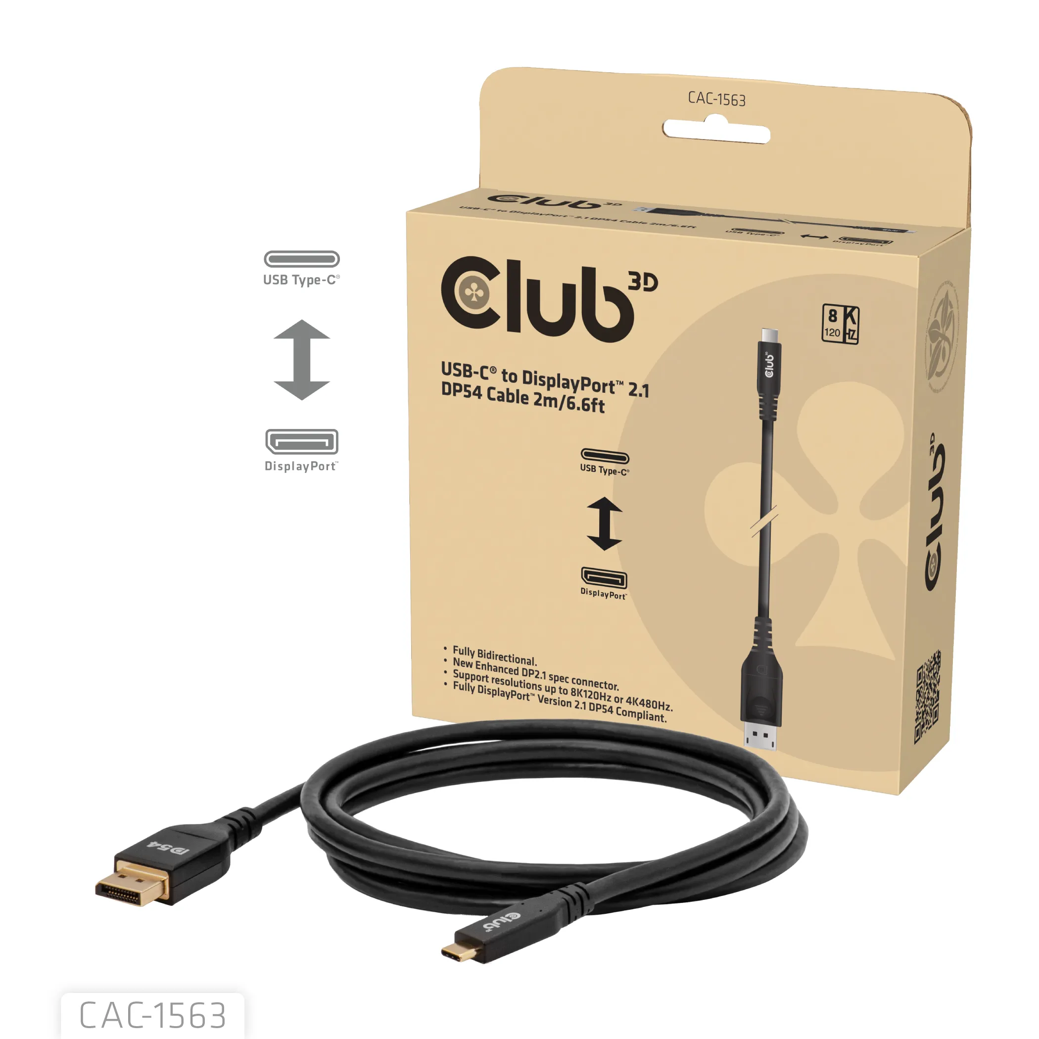 Club 3D CAC-1563 USB-C &ndash; DisplayPort 2.1 -kaapeli, 2 m, musta