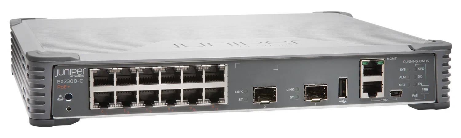 EX2300 Compact Fanless 12-port 10/100/1000BaseT PoE+, 2 x 1/10G SFP/SFP+ (optics sold separately)