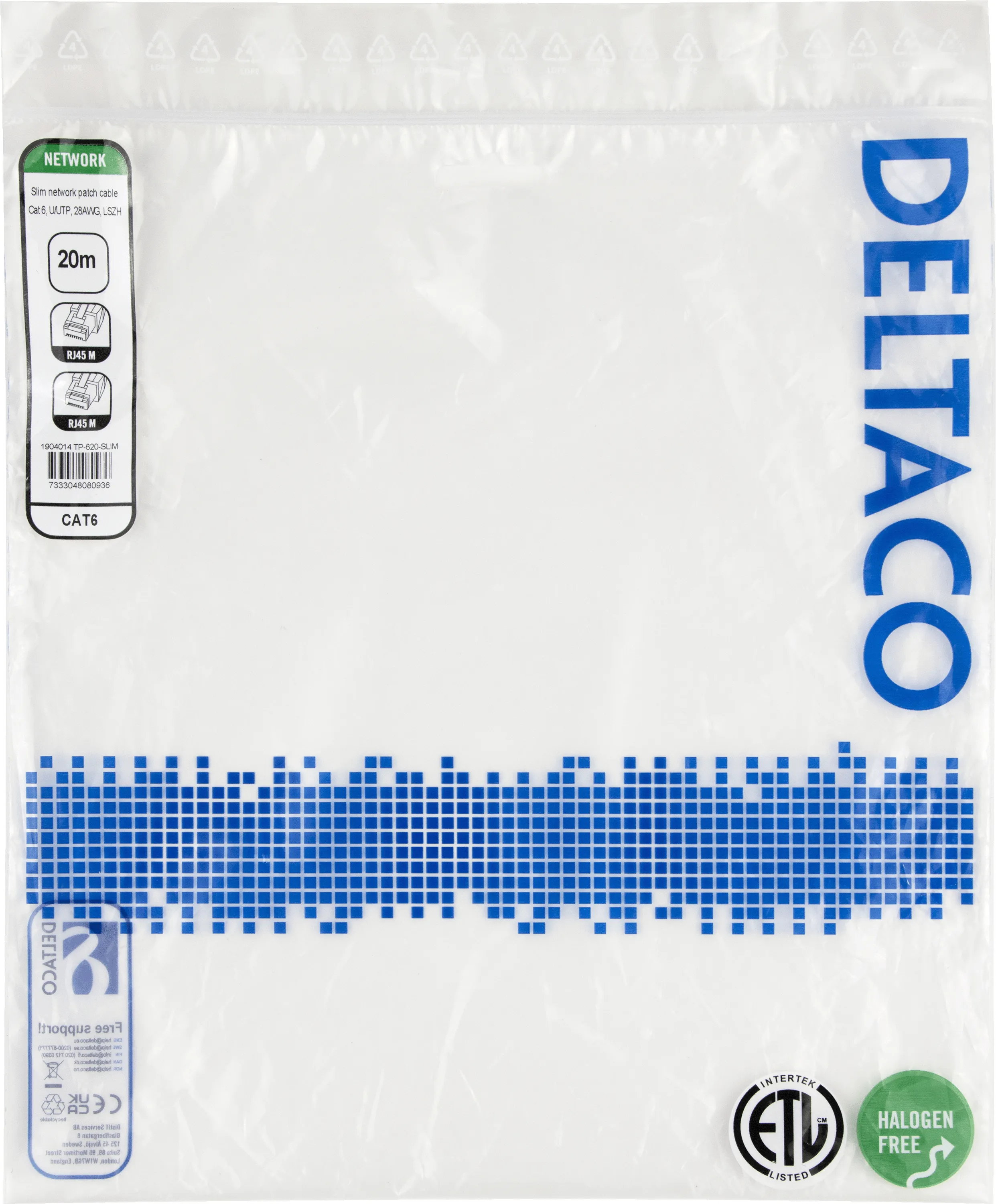 Deltaco Cat6 UTP RJ45 20m -verkkokaapeli, harmaa