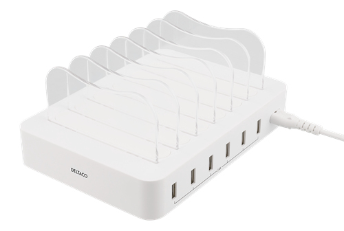 DELTACO USB laddningsstation, 6x USB-A portar, 5V DC, 10A, 50W, vit