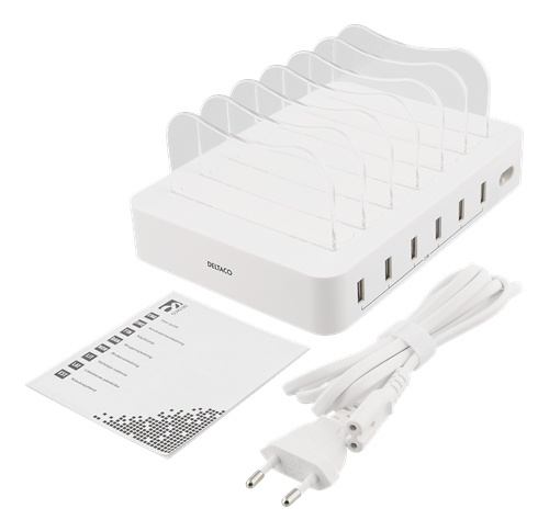 DELTACO USB laddningsstation, 6x USB-A portar, 5V DC, 10A, 50W, vit