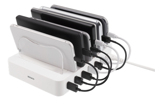 DELTACO USB laddningsstation, 6x USB-A portar, 5V DC, 10A, 50W, vit